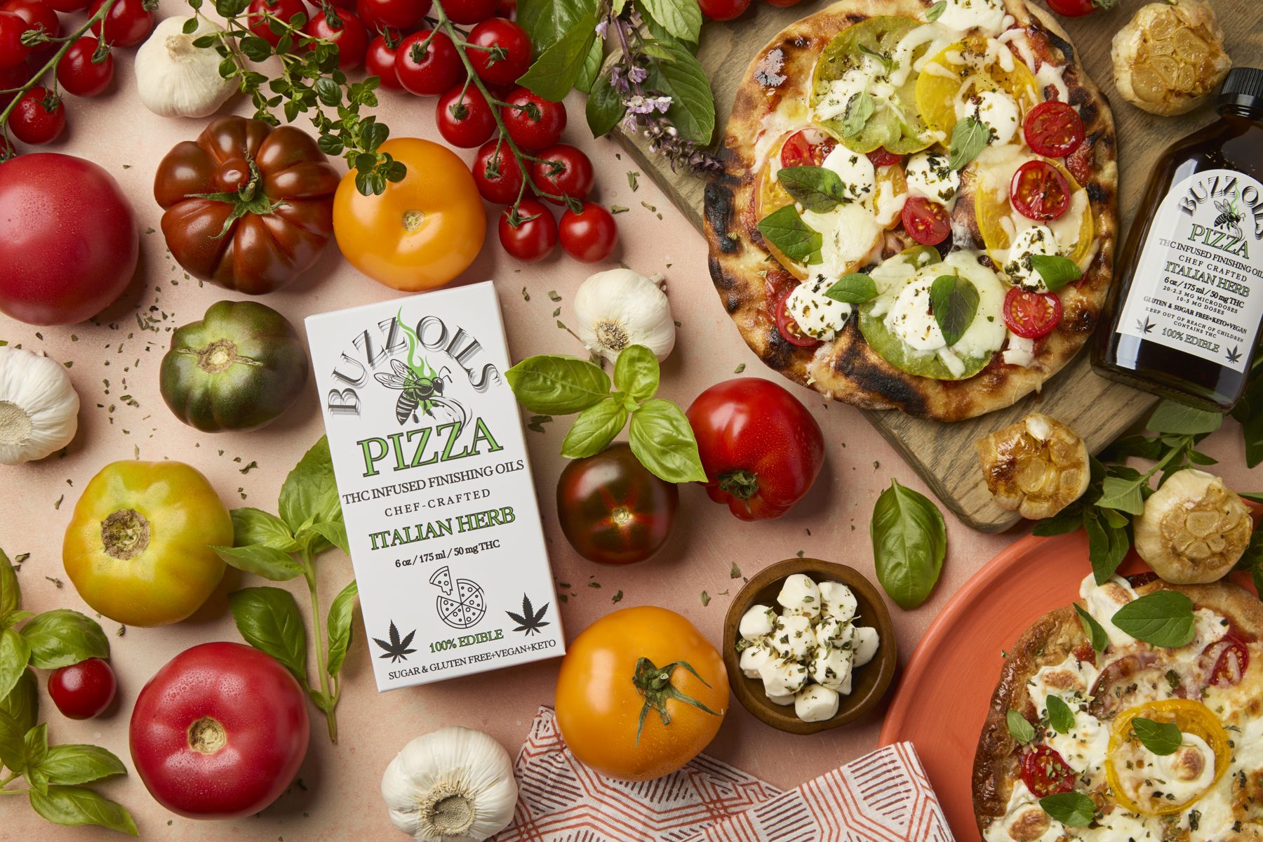 Buzz Oils Pizza with fresh tomatoes and flatbread