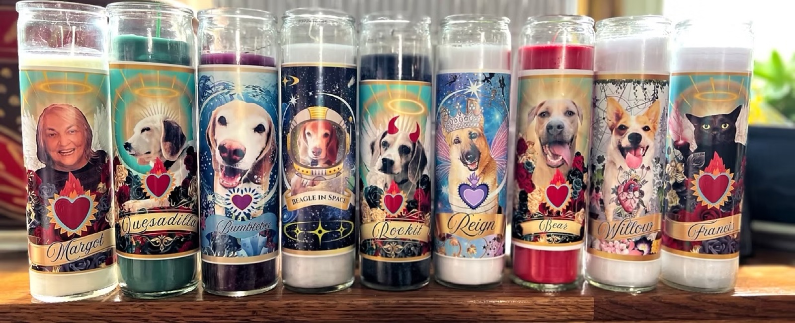 A lineup of devotional candles